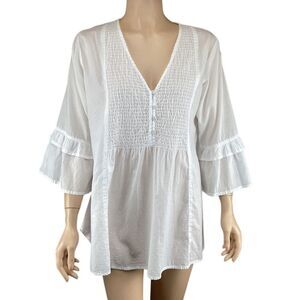 Soft Surroundings Top Size Small White Smocked Cotton Peasant Blouse Bell Sleeve